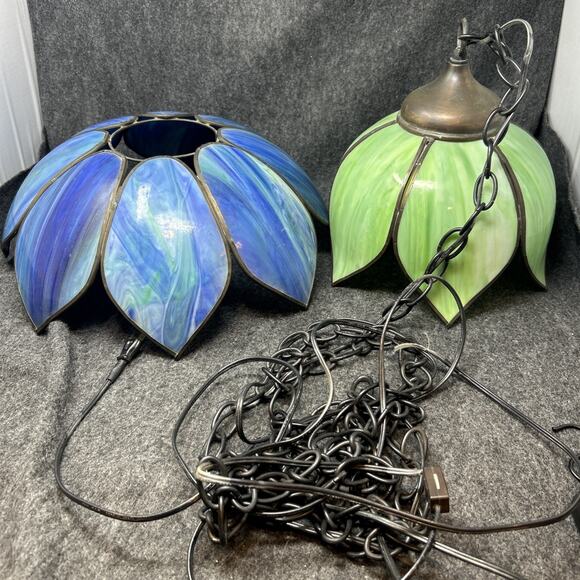 Vintage 1970s Stained Glass Chandelier Two Tier Slag Glass Hanging Lotus Flower - Picture 3 of 16